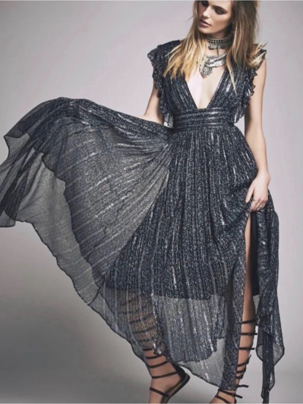 Free People My Antonia Maxi Dress Blue Metallic Ruffle Plunge Boho S